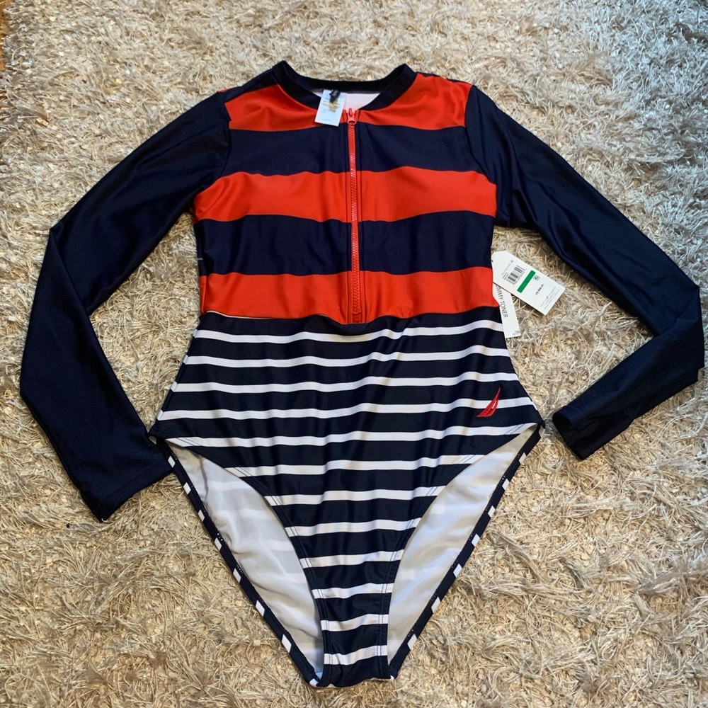 Nautica Red and Navy Striped One Piece Swimsuit Paddleboat sz L